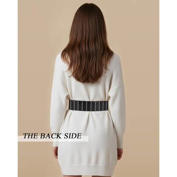 Women's Chunky Dress Thick Wide Studded Belts Brown Silver Buckle PU Leather - Picture 5 of 5